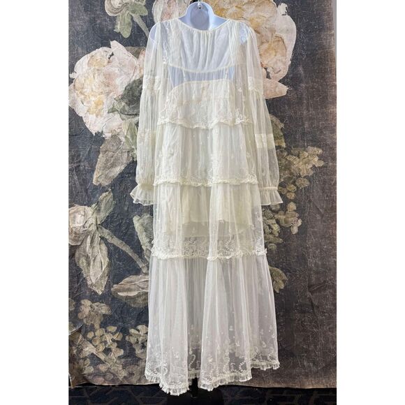 New Free People Stevie Maxi Dress Embroidered Sheer Mesh Ruffled Lined Sz Medium - Picture 5 of 9